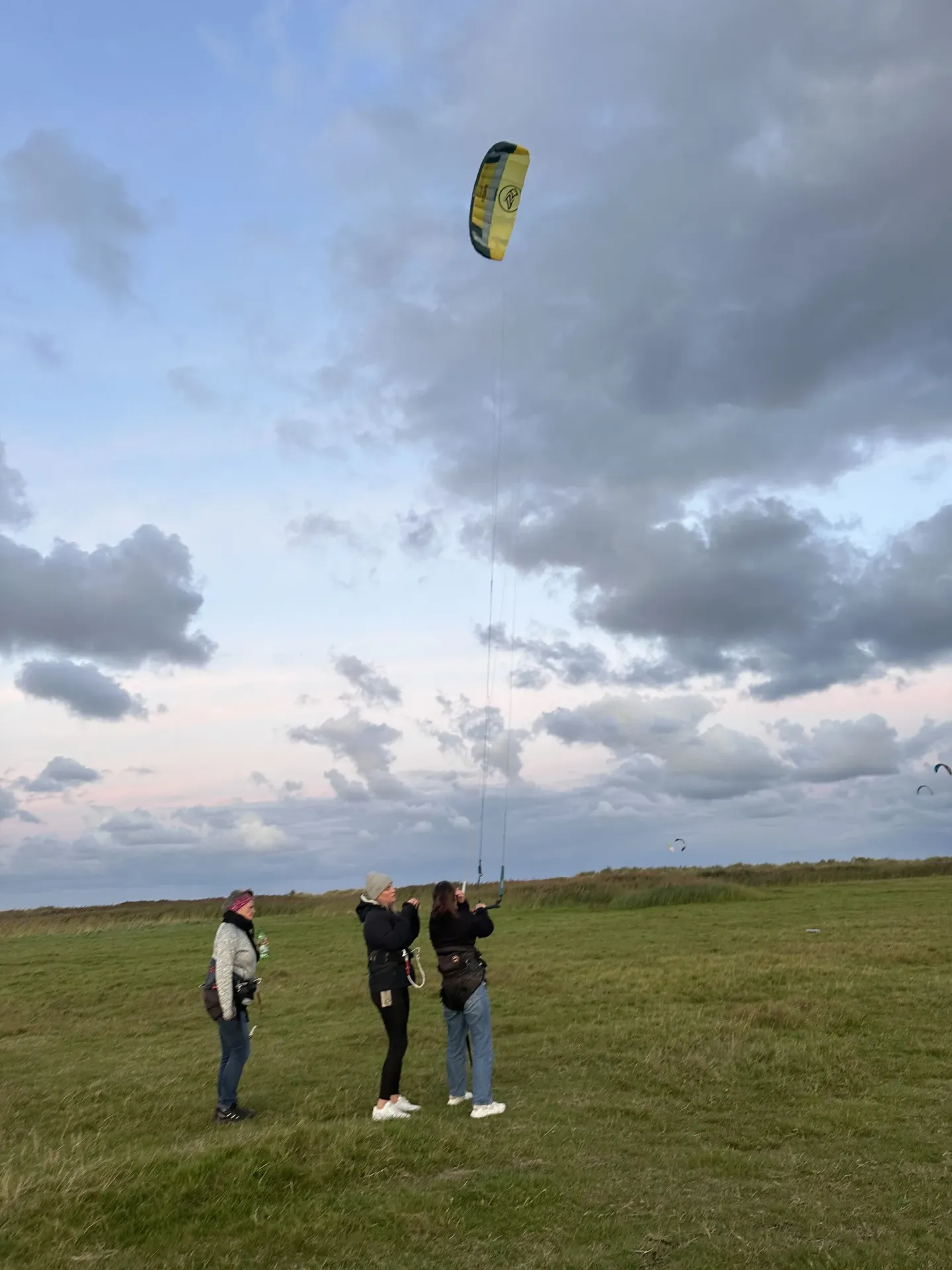 Teilnehmende mit einem Lenkdrachen auf einem Feld